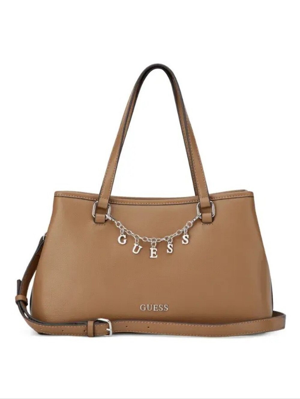GUESS Tan Leather Logo Charm Tote Bag